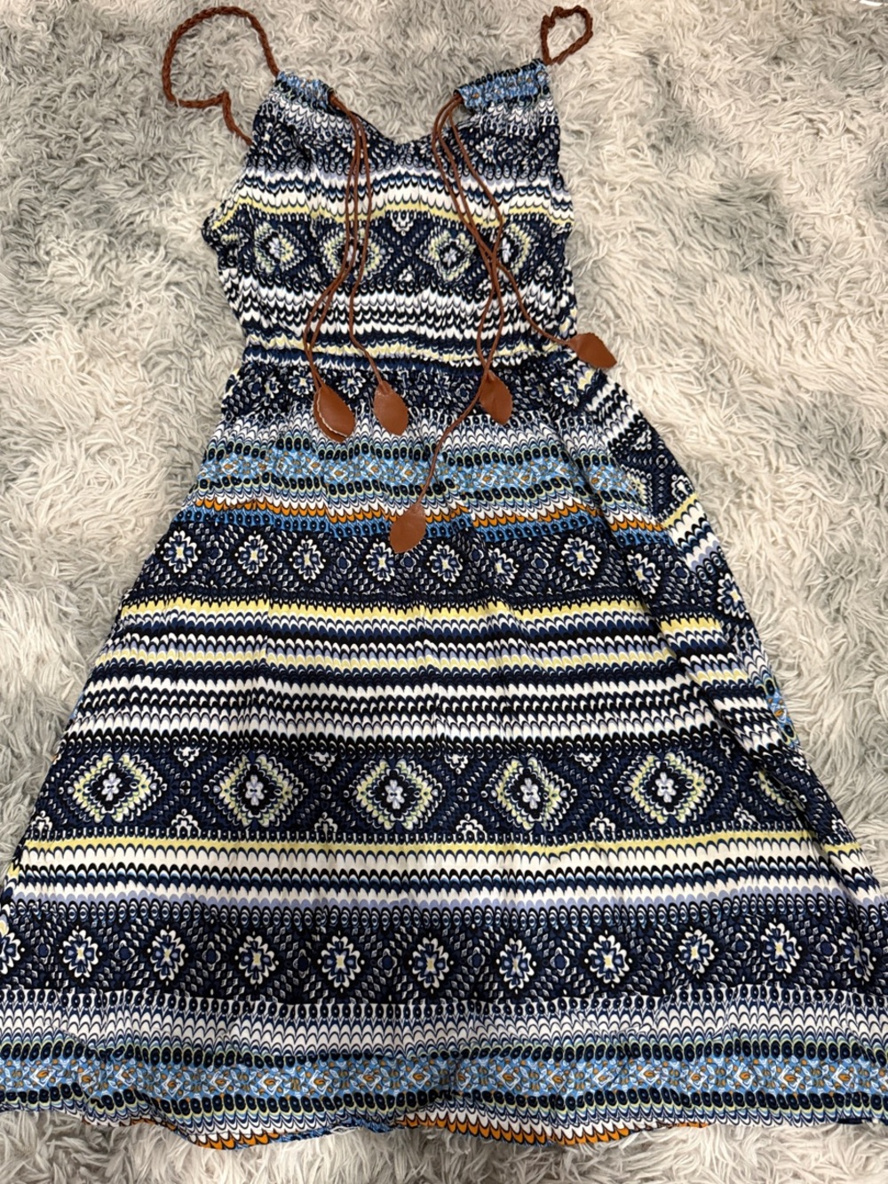 Blue Patterned Strappy Midi Dress with Brown Tassel Accents